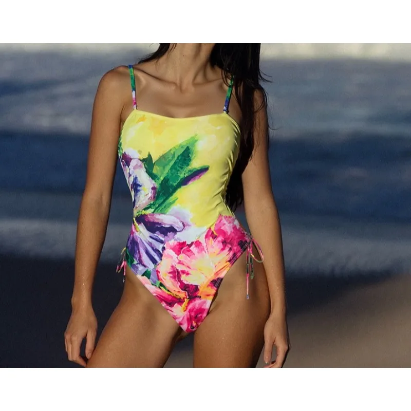 Floral Swimwear Women Cowl Neck Swimsuit Bathing Suit Yellow Print Swimdress Set Beachwear Sarong Cover Up Summer Vacation