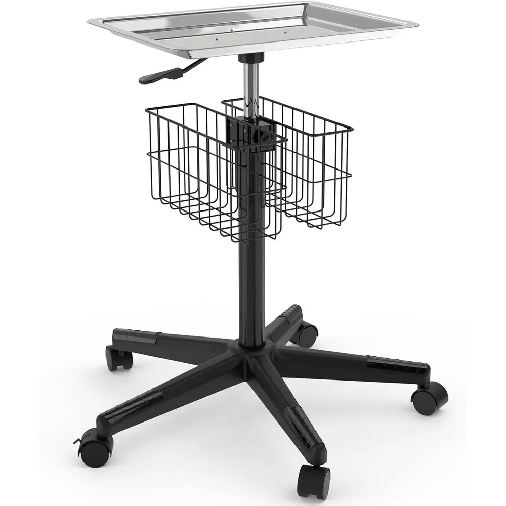 

Stainless Steel Rolling Tray with 2 Baskets - Height Adjustable Medical/Dental/Spa Mobile Cart