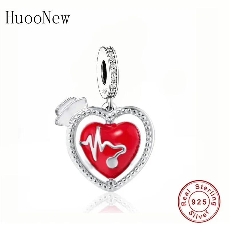 Fit Original Charm Bracelet 925 Sterling Silver Nurse Hat Heart Beat and Stethoscope Bead For Making Doctor Graduation Berloque