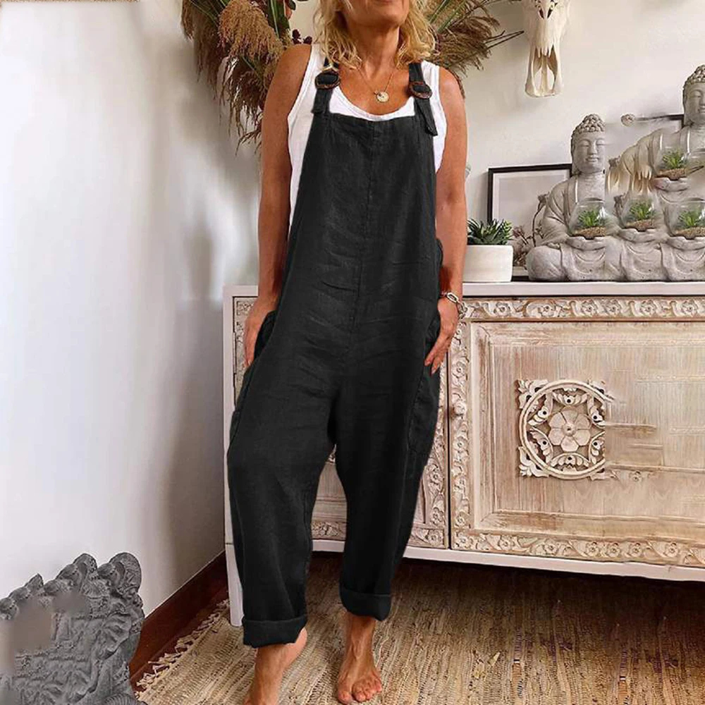 Cotton Blend Jumpsuit Women Summer Casual Solid Overalls Bodysuits Oversized Wide Leg Pants Female Clothing Streetwear Rompers