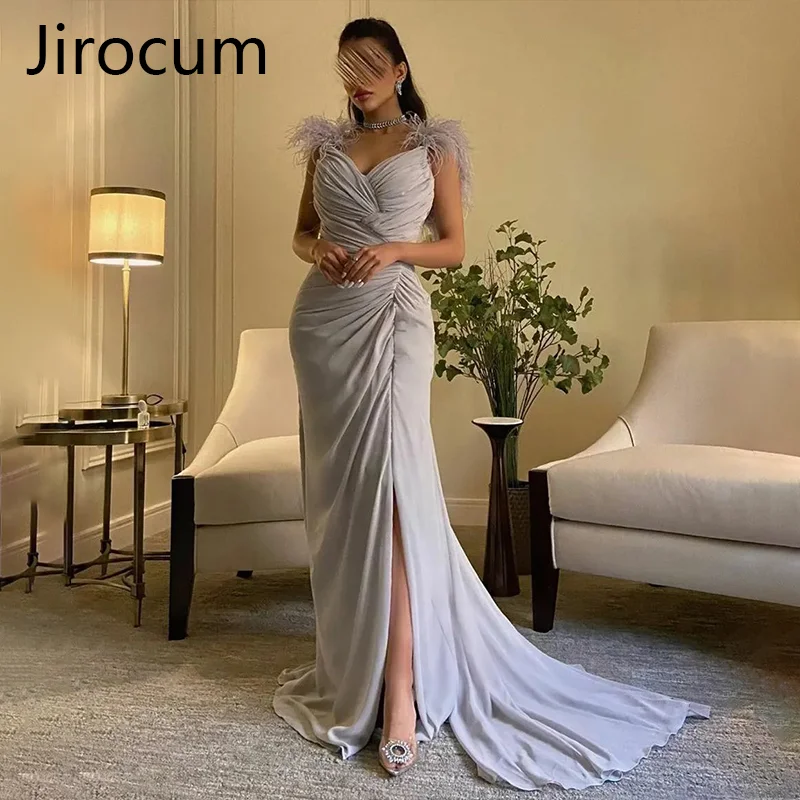 

Jirocum Mermaid Long Evening Dress V-neck Chiffon Sleeveless Women customized Formal Prom Gowns Feather Pleated Split Party Gown