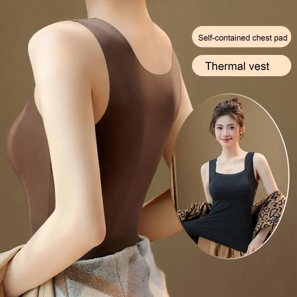 Winter Women Thermal Base Layer Vest With Built-in Chest Pads Seamless Velvet Elastic Sleeveless Inner Wear Bottoming Tank Top
