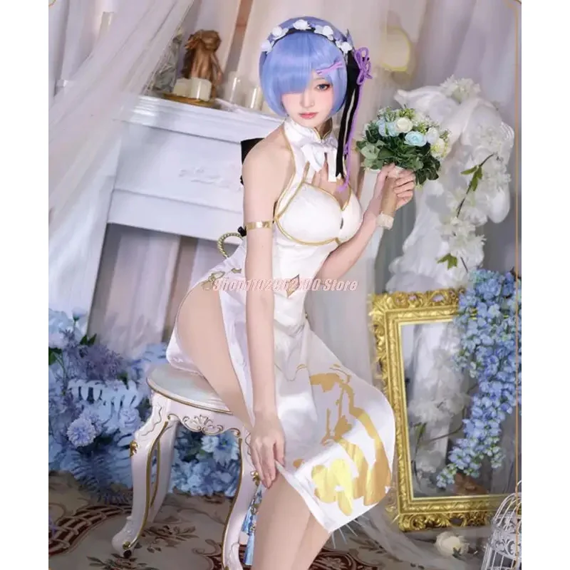 Rem Cosplay Anime Re Zero Rem Graceful Beauty Cheongsam Costume Re: Starting Life In A Different World Fancy Chinese Dress Wig