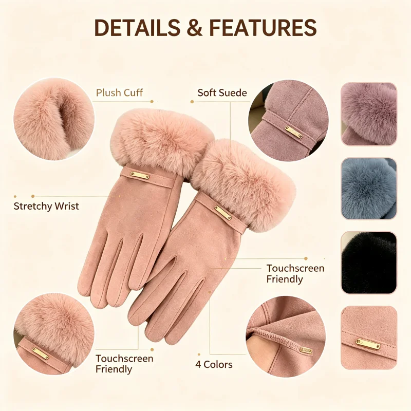 Women Touchscreen Winter Gloves Faux Rabbit Fur Double Layer Windproof Water Resistant Warm Full Finger Mitts Outdoor Cycling Co