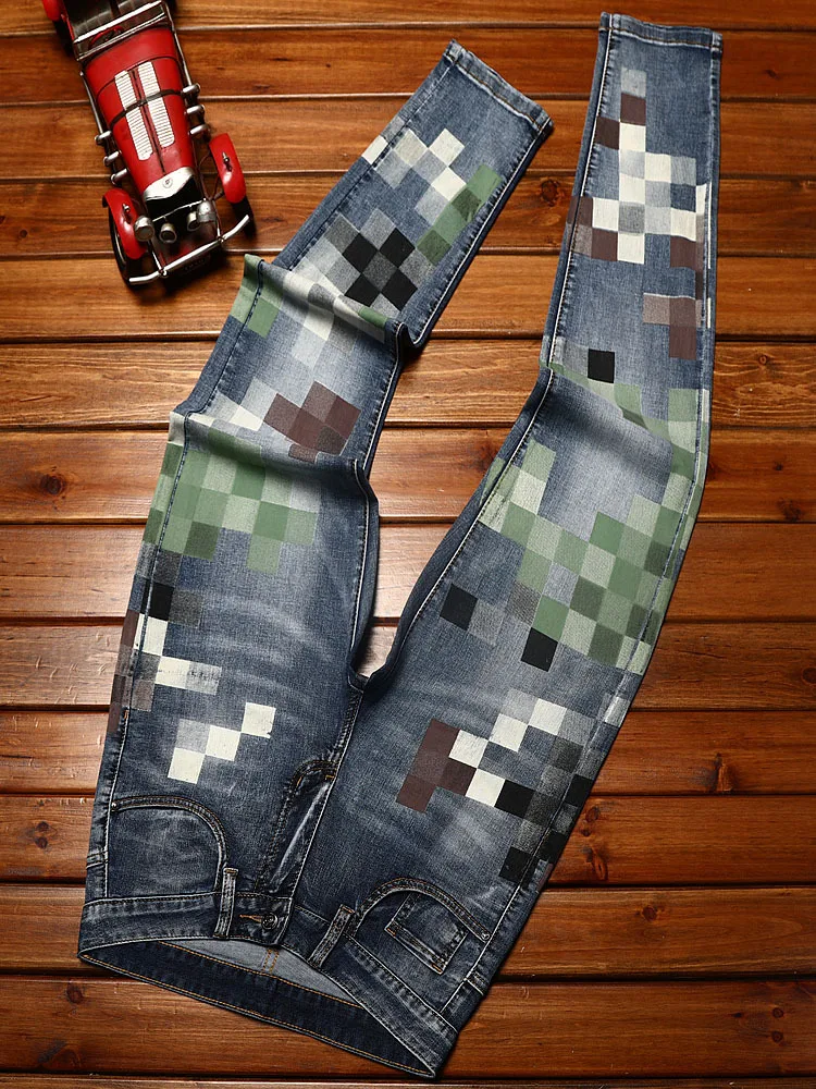 Trendy design mosaic printed jeans for men's fashionable summer thin casual and handsome elastic denim slim fit small leg pants