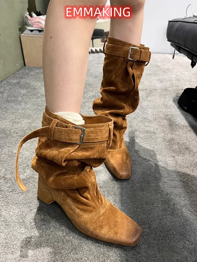 Vintage Large Tube Western Cowboy Boots Two Wear Pleated Strange Style Heel Knee-High Boots Square Head Thick Heel Knight Boots