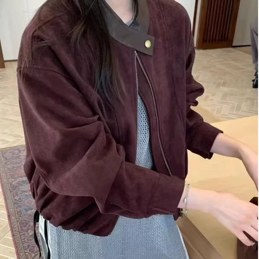 캐주얼 라운드 네 스플라이스 가죽 사슴가죽 벨벳 자켓 여성용 가을 겨울 한국 스타일 심플 레트로 슬림핏 탑