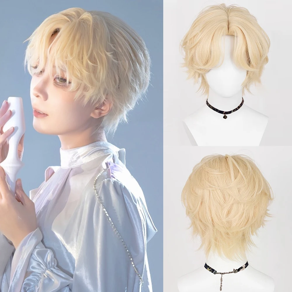 

Blonde Men Cosplay Short Synthetic Straight Wigs Middle Part Anime Game Fluffy Wig Heat Resistant for Daily Party