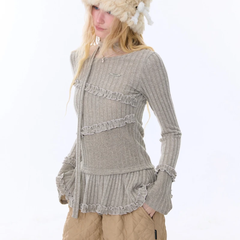 الأمريكية الرجعية تصميم غير النظامية تكدرت الدانتيل المرأة قاع قميص الخريف الشتاء جديد تنوعا بلوفر مغزول السيدات #3