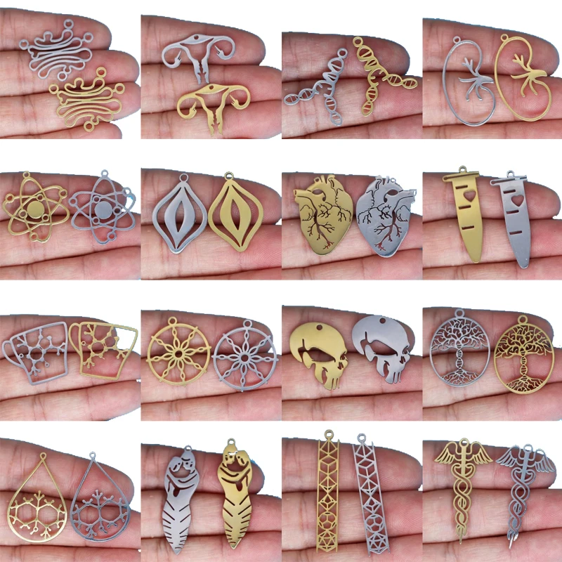 3pcs Stainless Steel Charms Anatomical Heart Vagina Kidney Organ DNA Spiral DIY Bracelets Jewelry Making Biology Medical Pendant