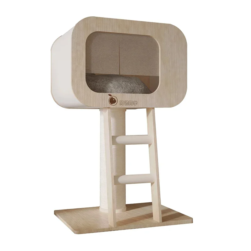 

Wood Color Cat House Indoor Density Board Beds Cats Climbing Frame Cat House with Scratcher Cute Pet Products