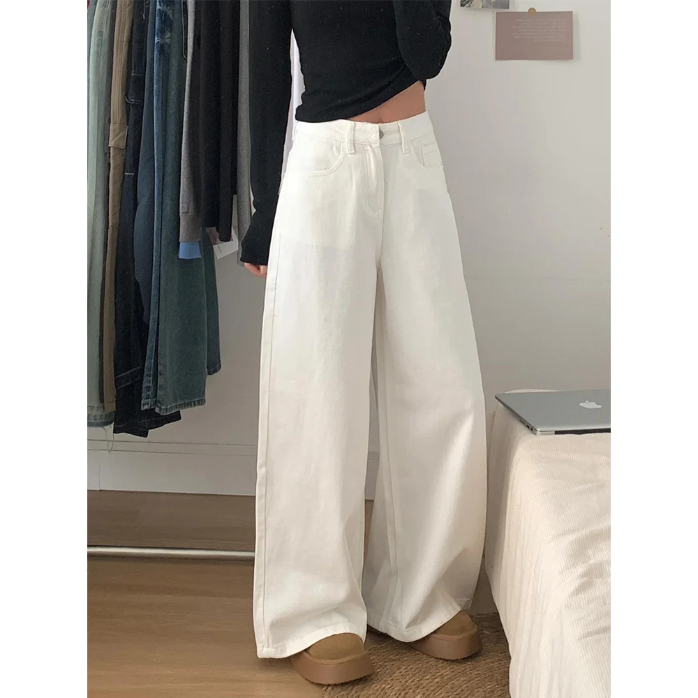 جينز أبيض واسع الساق للنساء عالي الخصر فضفاض مستقيم طويل السراويل الخريف جديد Sle التخسيس كسول Sle ثنى الطابق طول