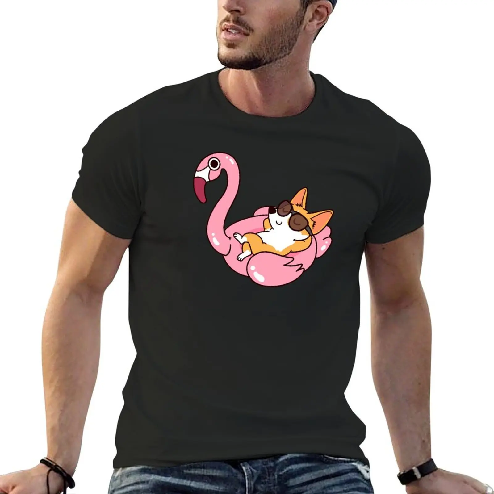 Corgi and Flamingo Pool Float Summer T-Shirt vintage anime shirt oversized t shirt animal prinfor boys mens fashion