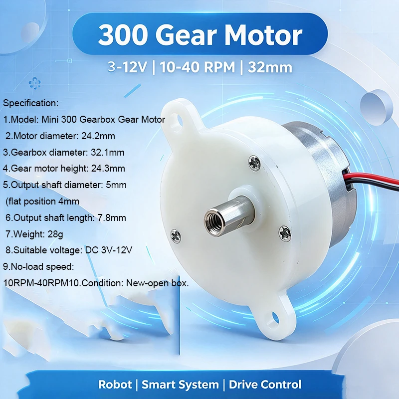 300 Plastic Motor-Reducer 32mm 3-12V 10-40RPM High Torque for Robots Compact Size Robot Control System Part