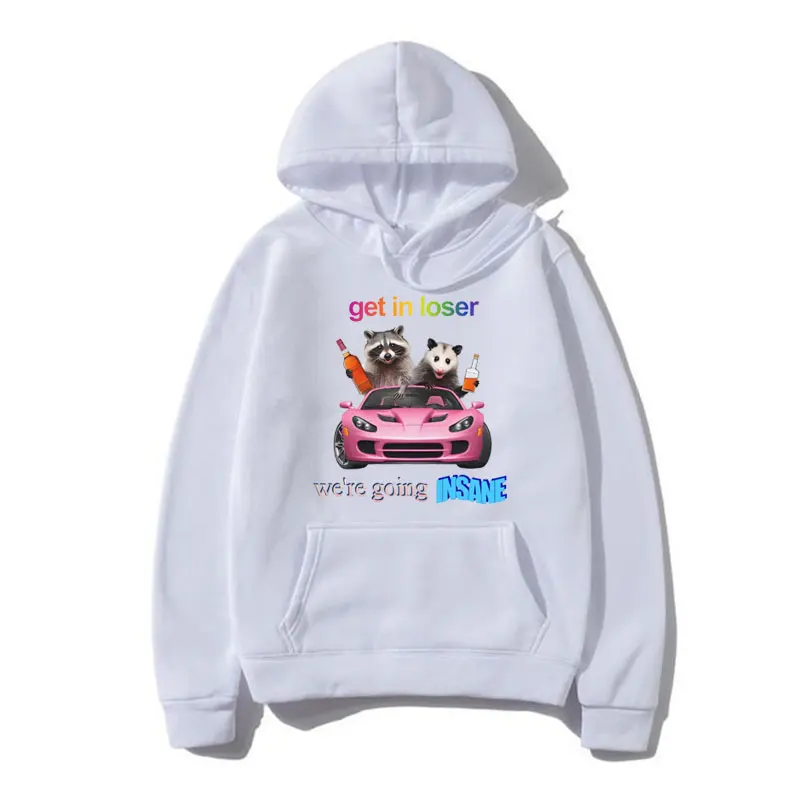 Get in Loser We Going Insane Raccoon Funny Meme Print Hoodies Men's Women's Fashion Oversized Sweatshirt Long Sleeve Pullover