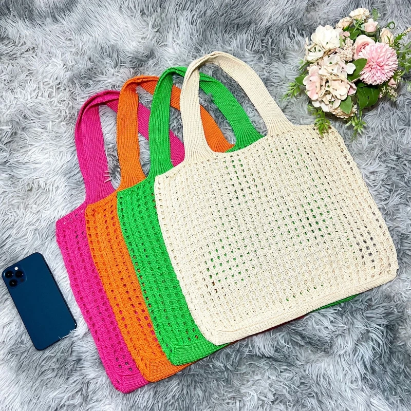 Knitted Tote Bag Handbags Casual Shopping Bags For Women Shoulder Bag E74B