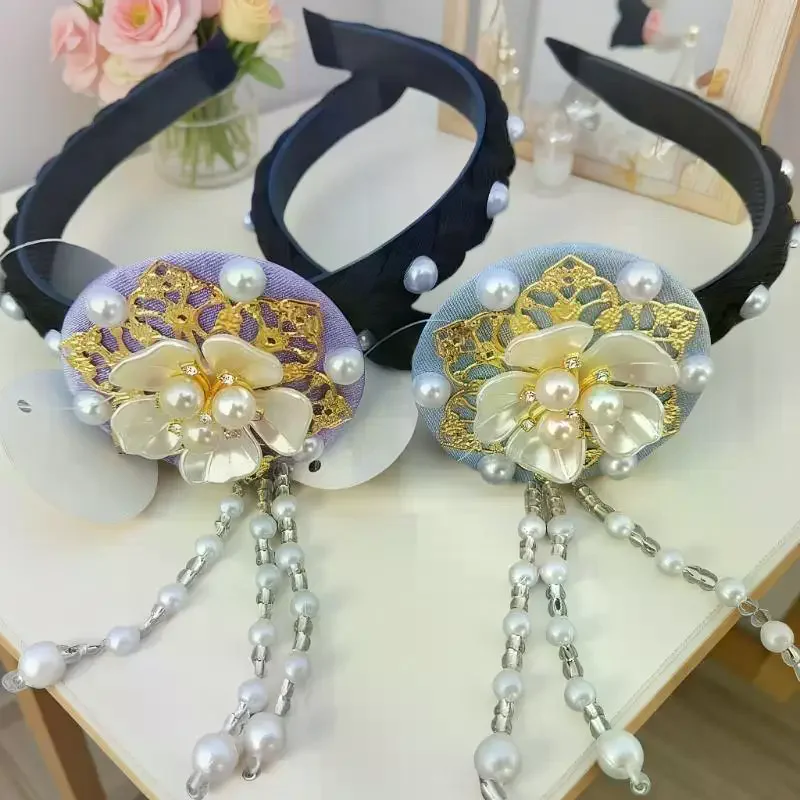 Diadema coreana con perlas y flores, diadema Hanbok, borlas a la moda, tocado tradicional, aro para el pelo para baile en escenario para mujer