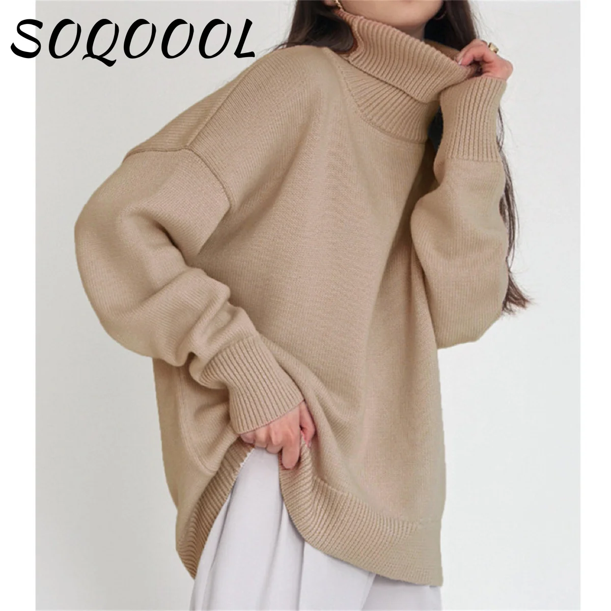 Damski sweter z golfem elegancki sweter CHIC jesienno-zimowy gruby ciepły sweter Top ponadgabarytowy Casual luźny, podstawowy sweter z dzianiny