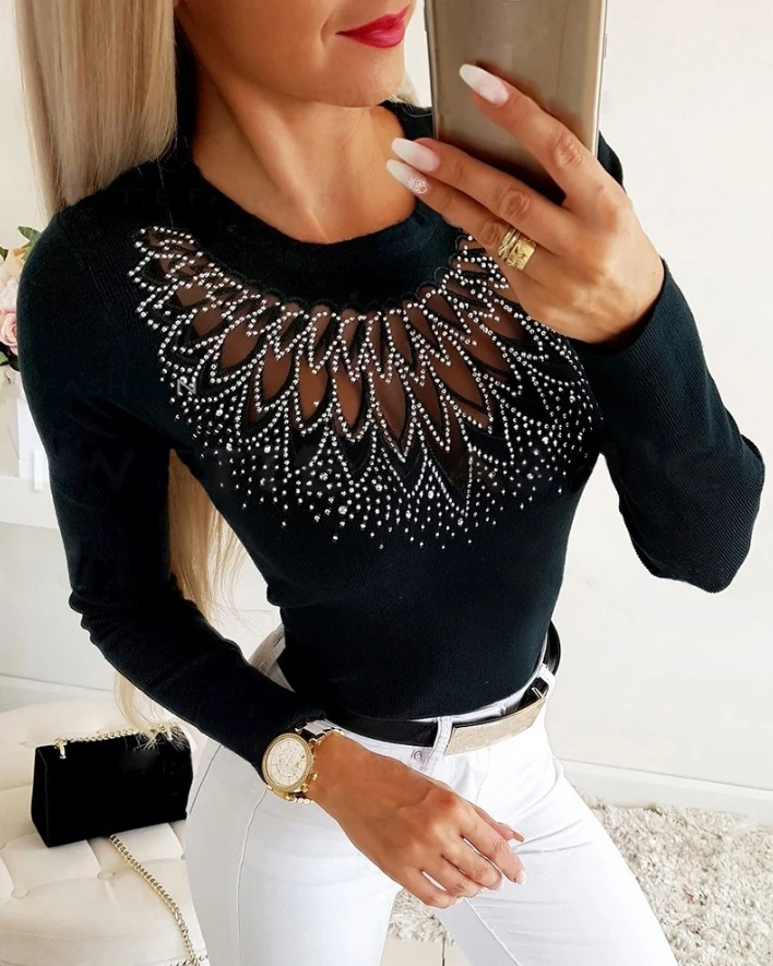 Women's Sexy Pullover Autumn Winter Latest 2025 Round Neck Rhinestone Sheer Mesh Patch Long Sleeve Top Skinny Daily Blouses