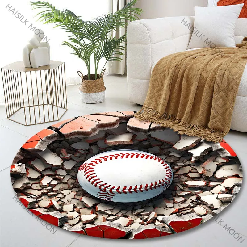 3D visuals of baseball breaking through a wall Round Carpet for Living Room Bedroom Sofa Table Floor Mat Area Rug Luxury Gift