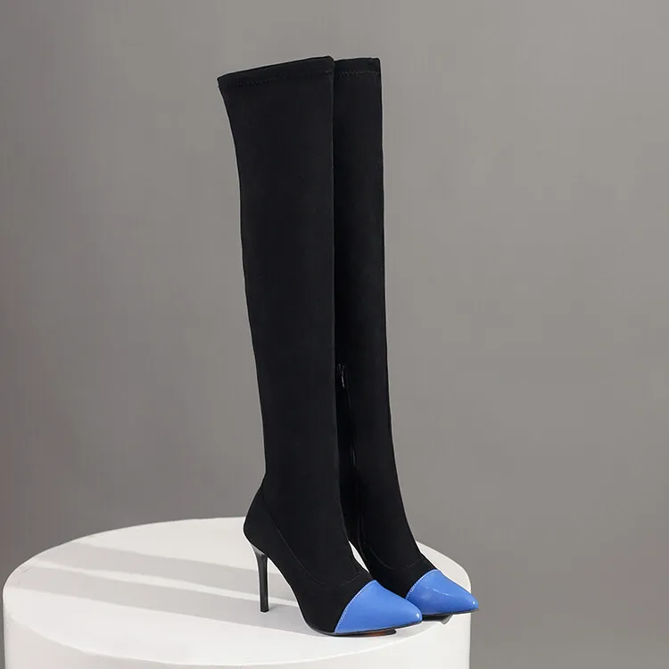 Sexy Stretch Fabric Patchwork Pointed Toe Thigh Boots Slip On Stiletto High Heels Elastic Over The Knee Sock Boots Shoes