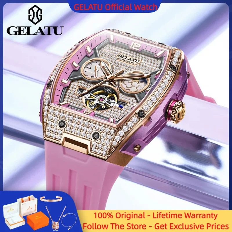 GELATU 6016 Women Watch Brand Automatic Mechanical Watch Diamond Hollow Dial Waterproof Luminous Moon Phase Elegant Women Watch