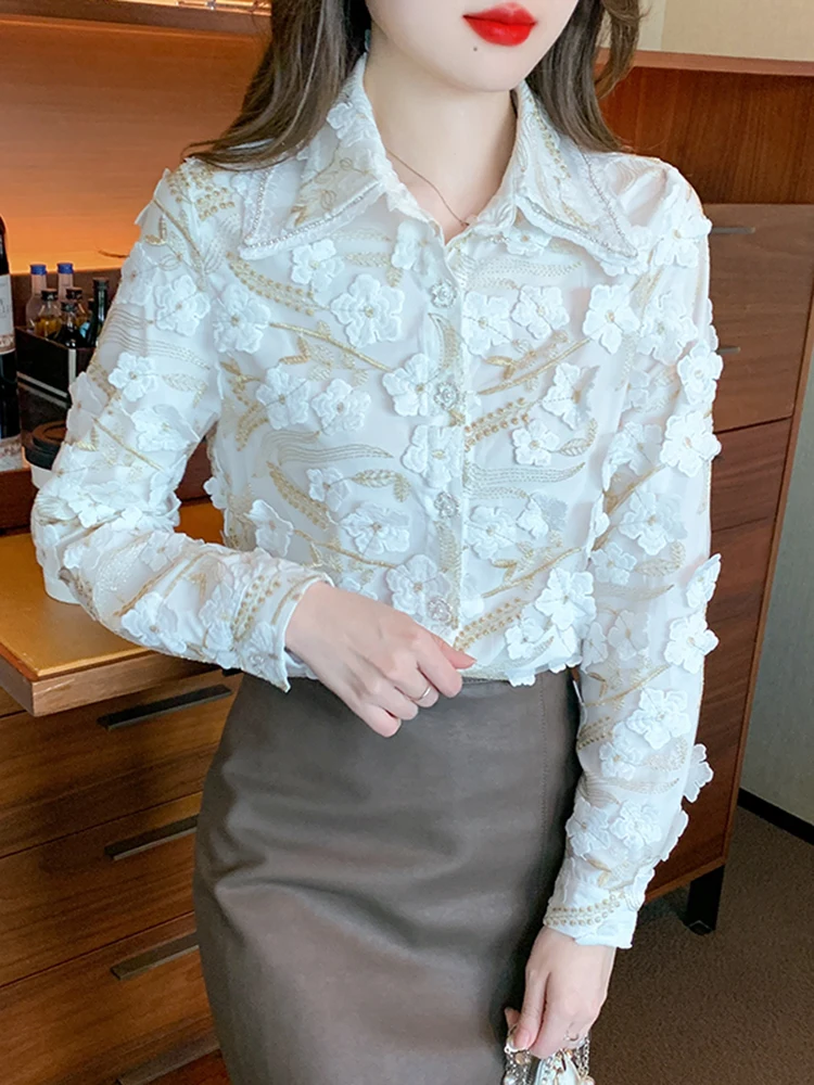 QOERLIN Long Sleeve Chiffon Shirt Women Elegant Fashion Embroidered Designer Tops Blouse Single-Breasted Tops 2023 Korean Style