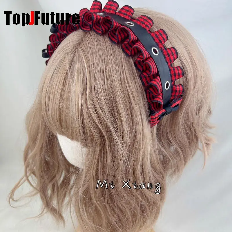 Subculture Y2K GIRL Women's Harajuku Steampunk Gothic Lolita Punk Dark lace rivet Pointed nail Red checks hair band Accessory