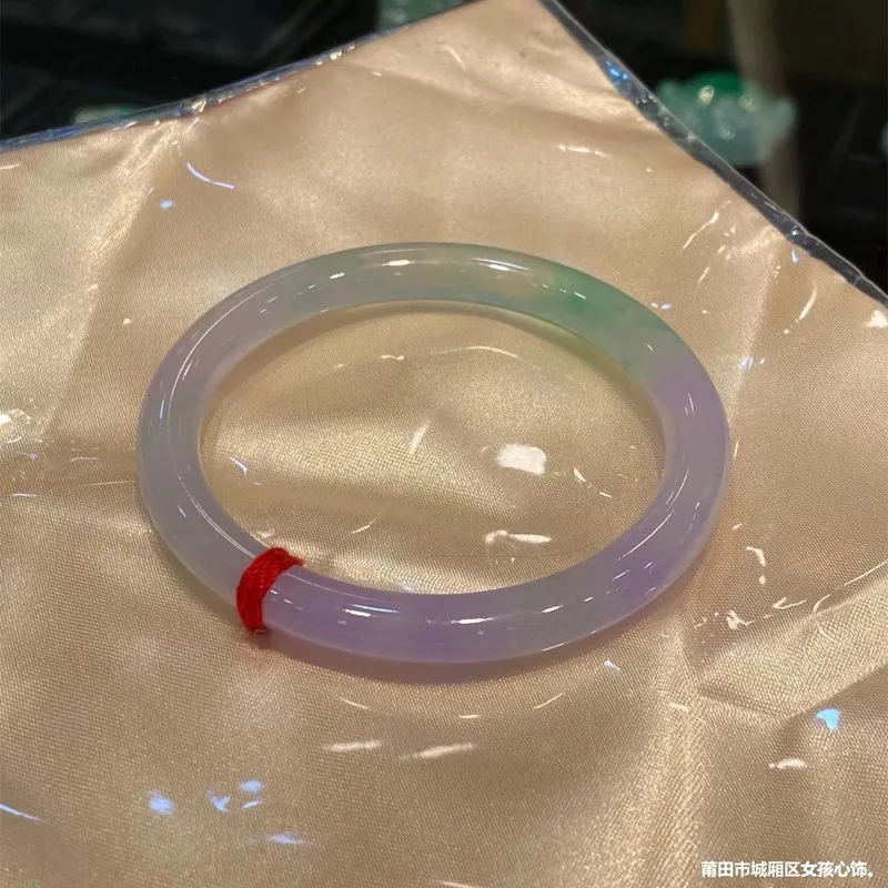 Natural Burmese Jadeite Bracelet for Women, Ice Type with Flower Patterns, Spring-Colored Purple Stripes, Thin Round Dingdang Br