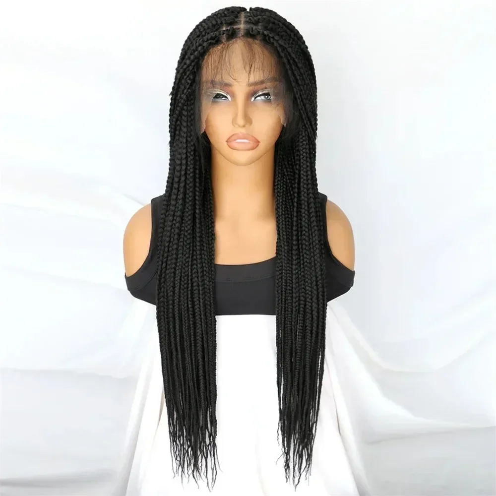 Parrucche intrecciate a scatola per donne nere Sintetiche Boho senza nodi Estremità ondulate Frontale in pizzo pieno Trecce afro Capelli 36 "Parrucca per capelli per bambini Uso quotidiano