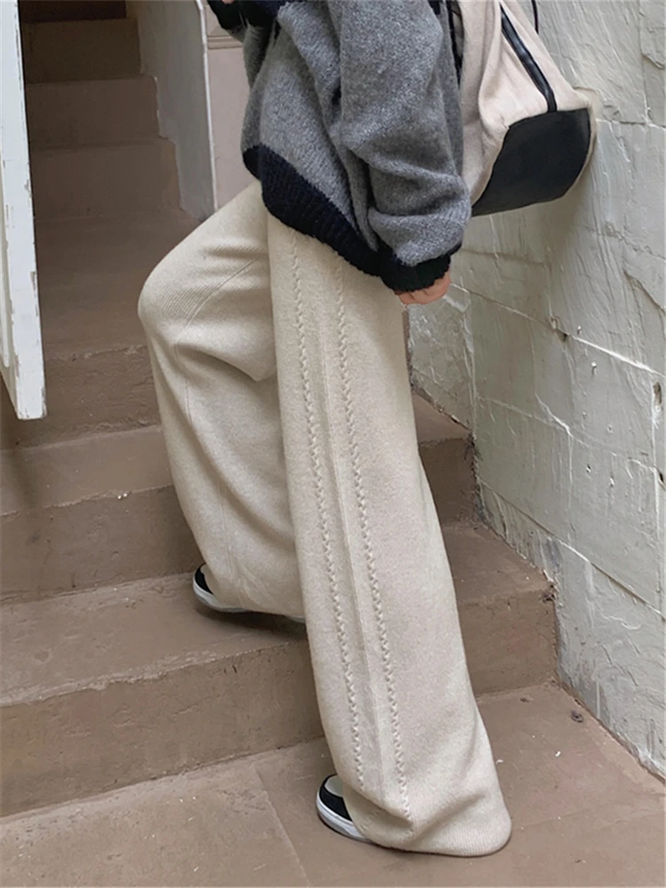 

Autumn Winter Thick Knitted Loose Women's Wide Leg Pants Elastic Waist Solid Straight Long Pant 2023 New Casual Trouses Female