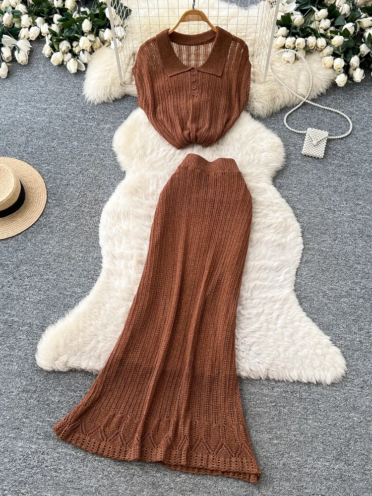 

Elegant Hollow out Knitted Two Piece Set for Women Summer Commute Slimming Fashionable Casual Workwear High Waist