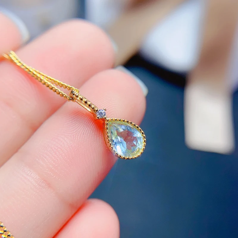 Natural Aquamarine  pendant necklace for women silver 925 jewelry luxury gem stones 18k gold plated free shiping items