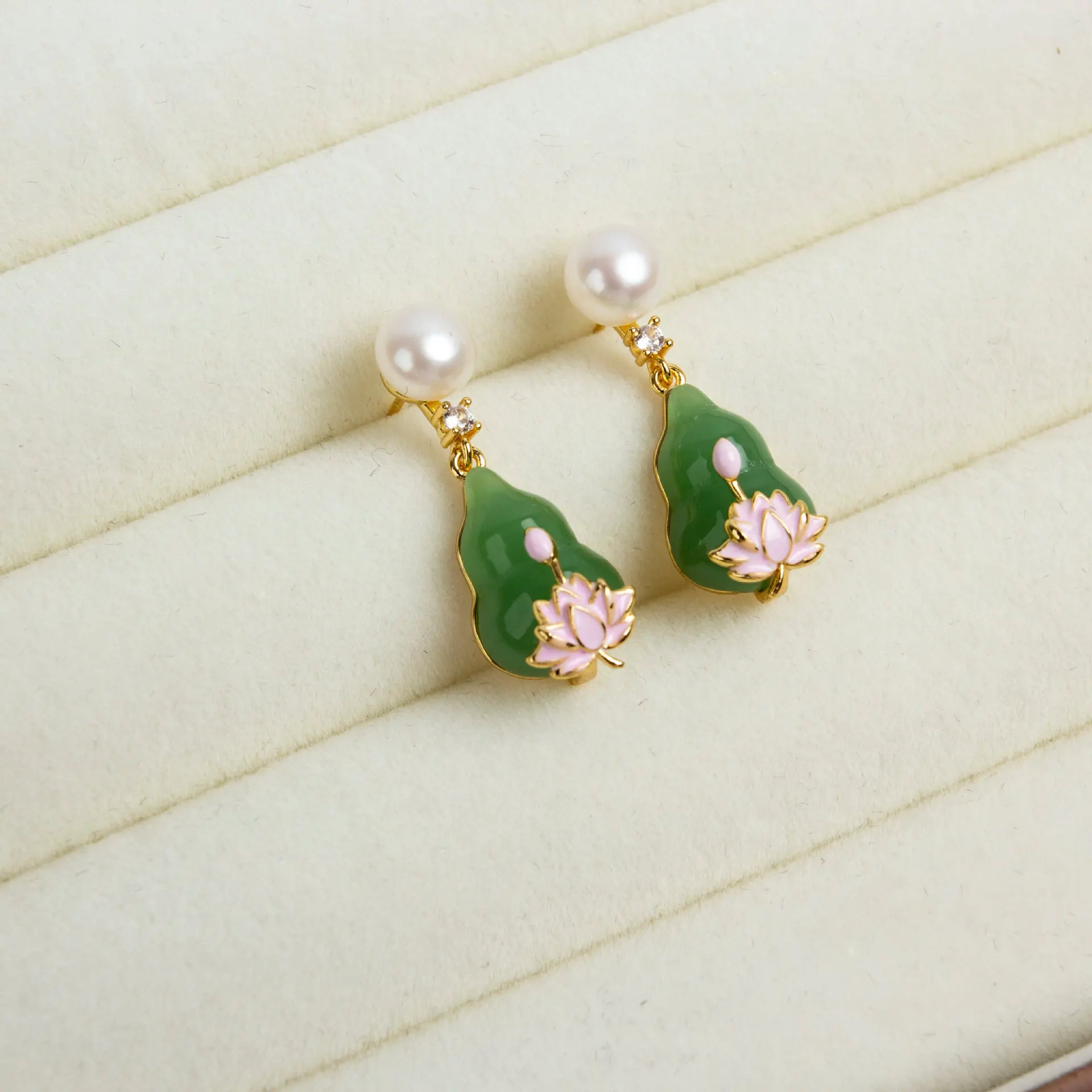 

Natural Freshwater Pearl 14k Gold Filled Stud Earring New Chinese-style Lotus And Gourd Design Earrings For Women Jewelry Gift
