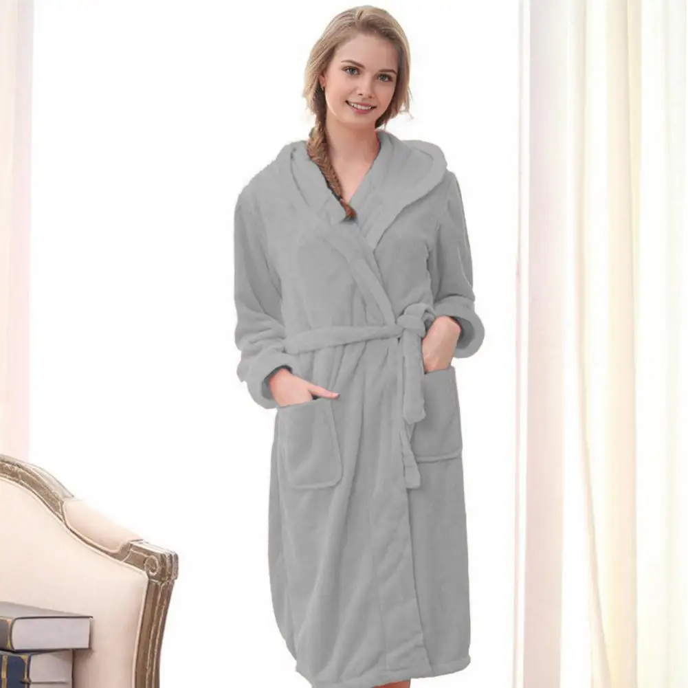 Couple Winter Nightgown Thick Fleece Warm Lace Up Adjustable Waistband Hooded Mid Length Lady Homewear Spa Hotel Bathrobe