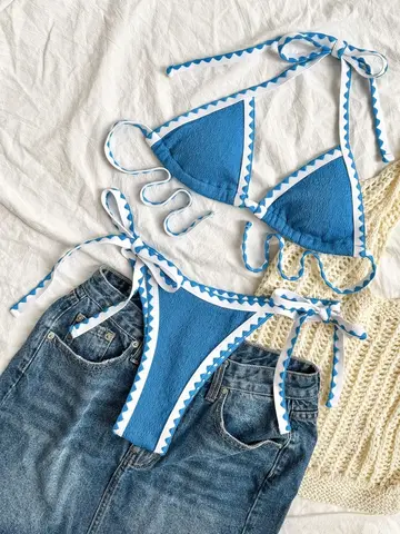 Sexy String Halter Bikini 2025 Triangle Swimsuit Women Solid Stitch Detail Swimwear Female Bathers Bathing Swim Suit Beachwear