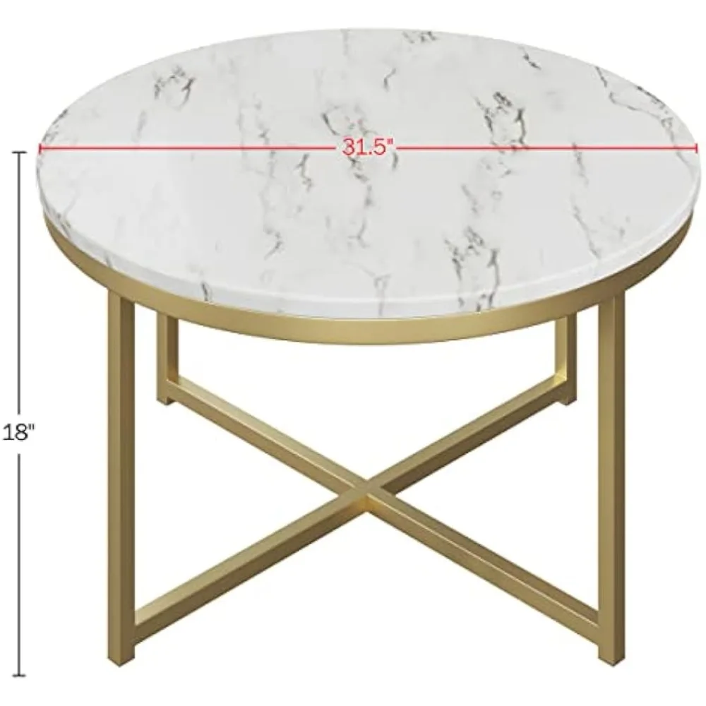 Coffee Table with Faux Marble Top - Modern Round Accent Table with Metal Crossbeam Base