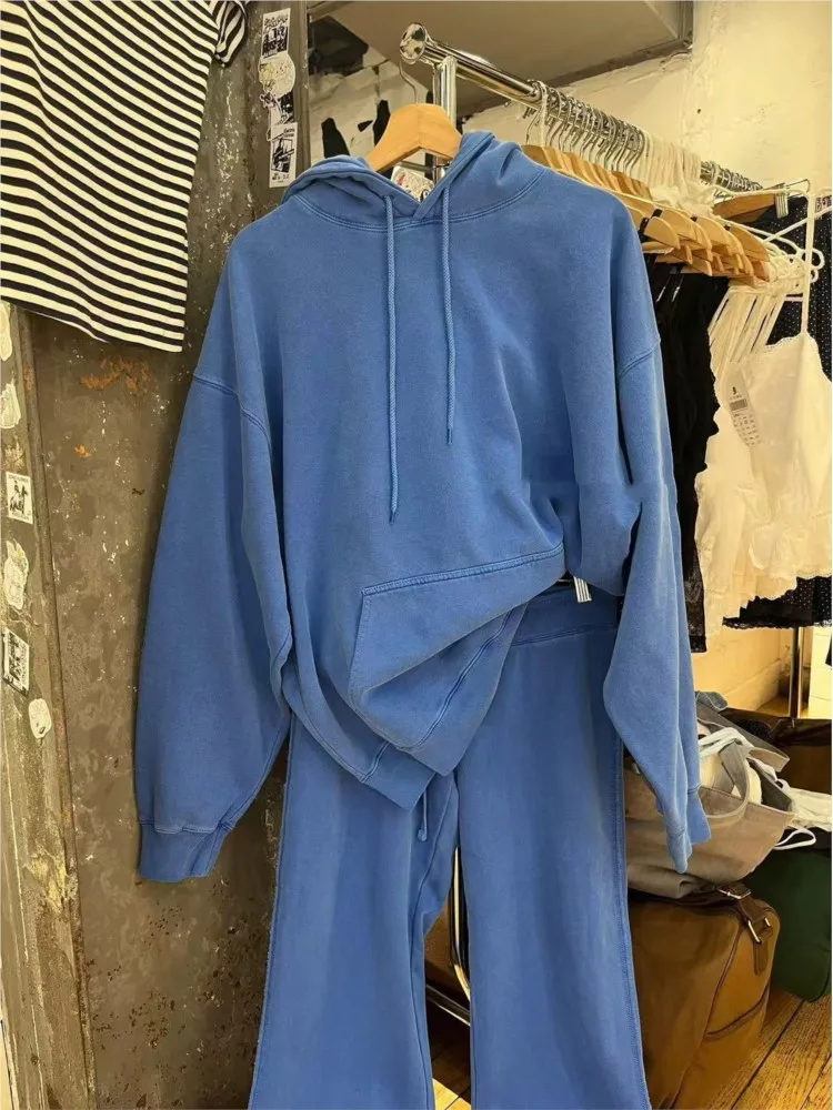 الكهربائية الأزرق فضفاض بلوزات المرأة الخريف نمط Preppy الدافئة القطن بلوزة كاجوال قمة الموضة شيك المعتاد Y2K هوديس جديد