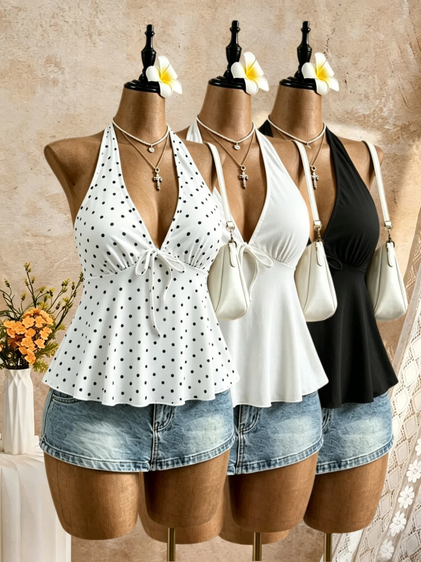 3er-Pack Mehrfarbige Damen Neckholder-Top mit Tiefem V-Ausschnitt und Polka-Dot-Druck, Peplum-Camisole, Sommer 2026 Y2K Streetwear Tanktops