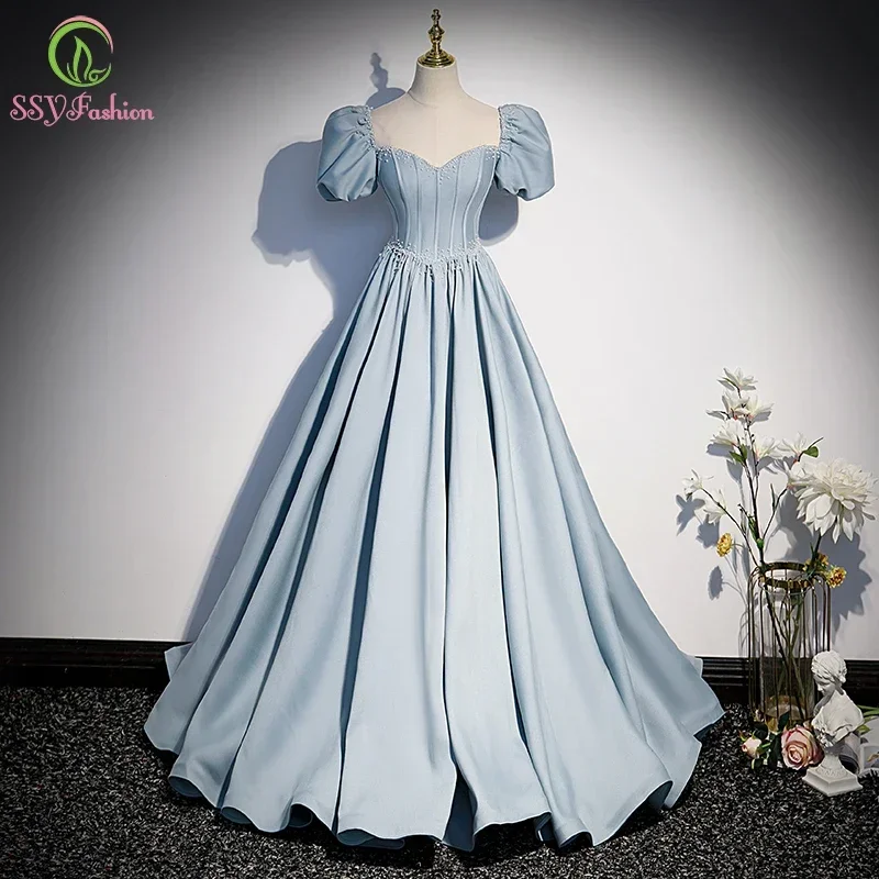 Angepasst Luxus Satin Abendkleid Prinzessin Elegante Hellblau Puff Sleeve A-linie Perlen Perlen Formale Party Kleider Vestidos
