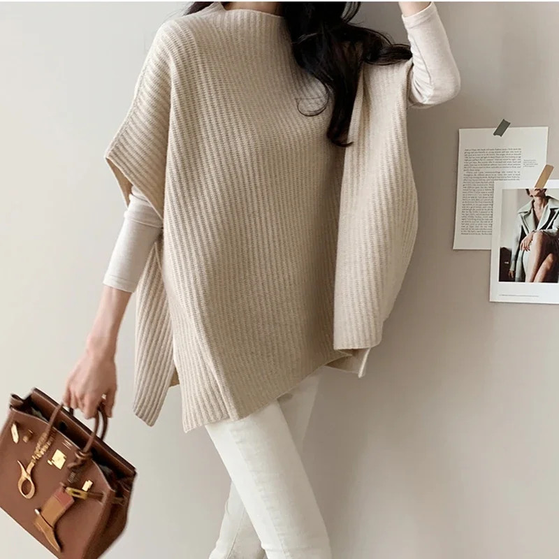 Fall 2020 Women Clothing New Fashion Women Cloak Sweater Fall Clothes Knitted Korean Sweaters Women Short Sleeved Loose Split