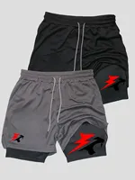 2PC 2-in-1 double-layer stylish animal graphics print men's casual sports fitness shorts