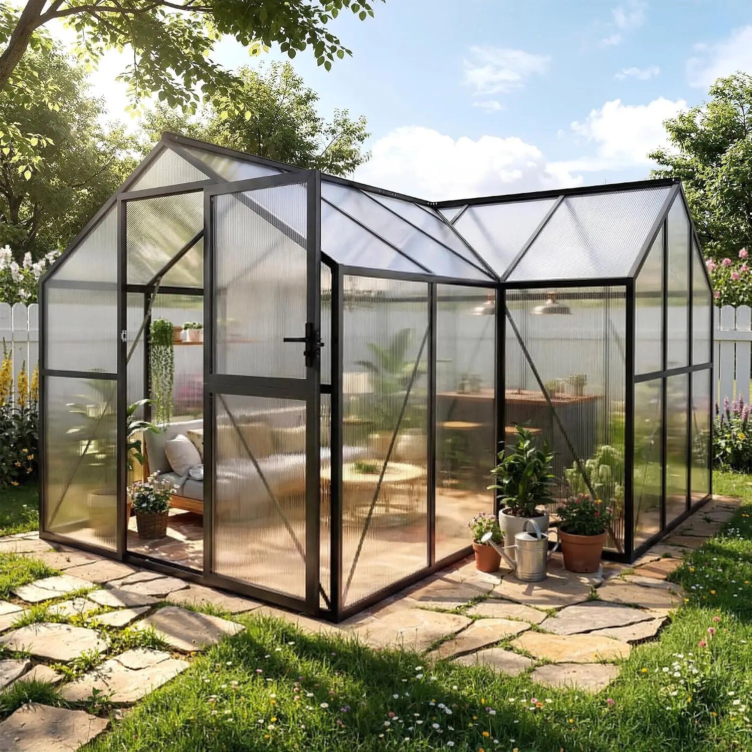 12x12 FT T-Shape Greenhouses, Greenhouse for Outdoors with Polycarbonate Panel, Adjustable Vent, Heavy Duty Green, Customized
