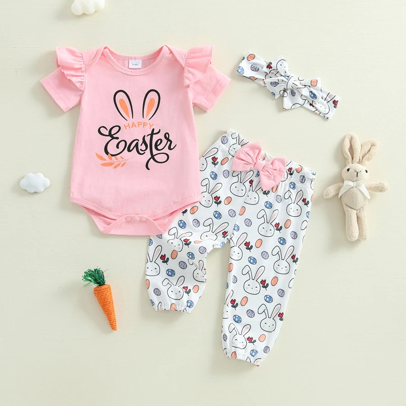 Adorable Baby Girl Easter Outfit Set with Letter Print Romper Bunny Print Pants and Matching Headband - 3 Piece Ensemble