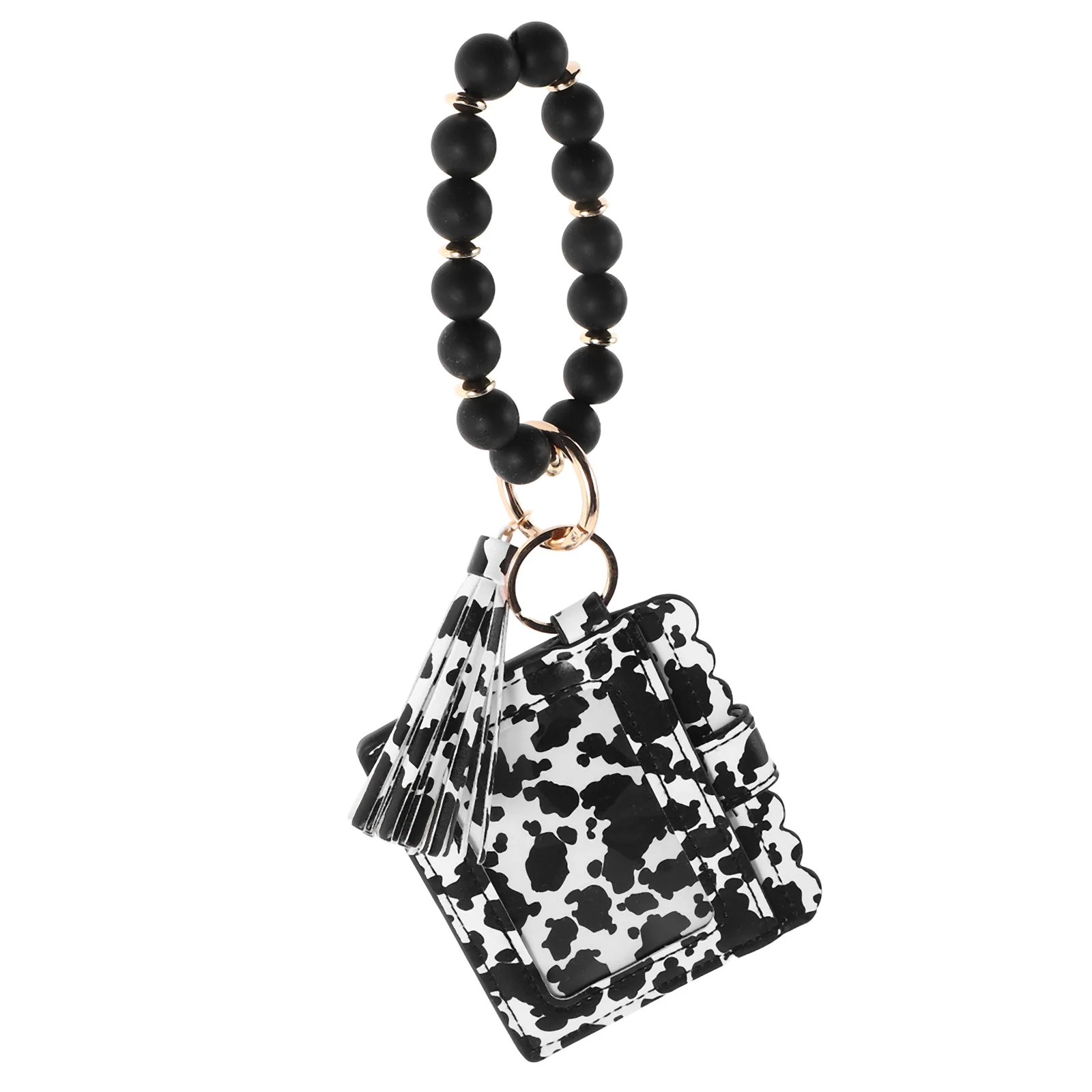 Cow Grain PU Silicone Beaded Keychain Coin Purse Card Holder Mini Wallet Portable for Daily Use Travel Change Purse