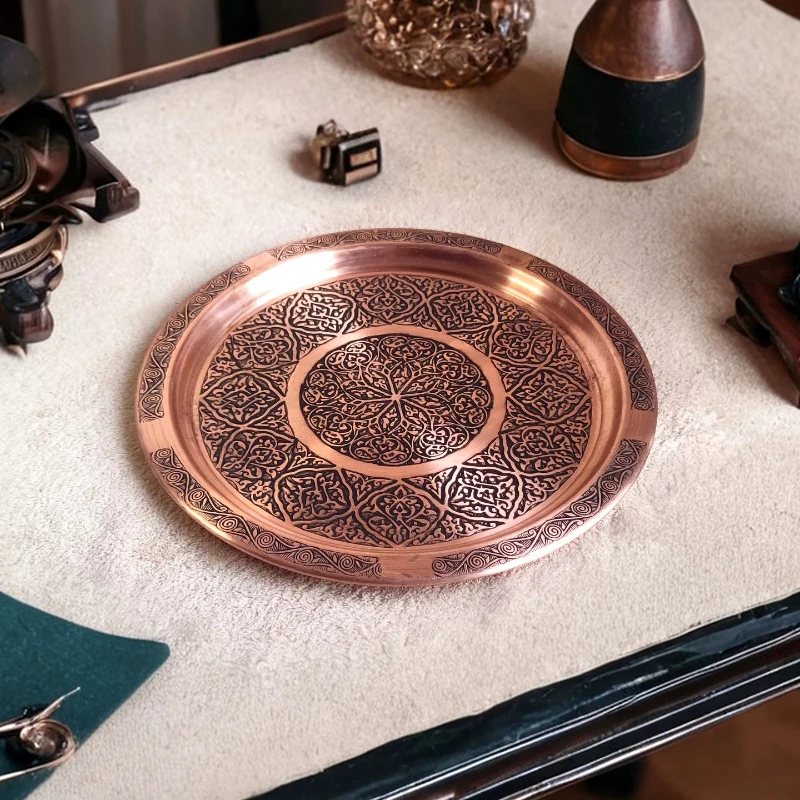Copper handmade coffee tray copper natural color retro European court engraving silver round