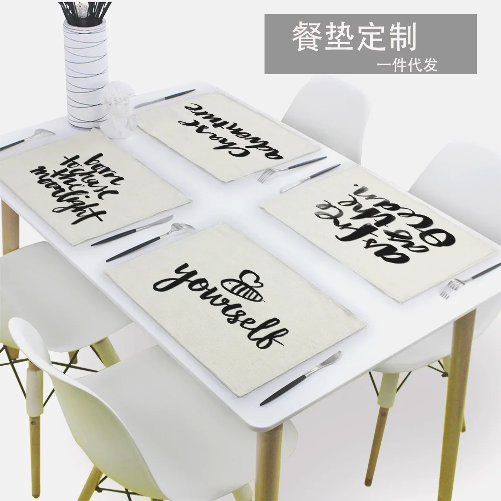 Simple Alphabet Printed Linen Table Mats Rectangular Heat-Resistant Digital Printed Placemats Bowls Plates Dining Table Pads
