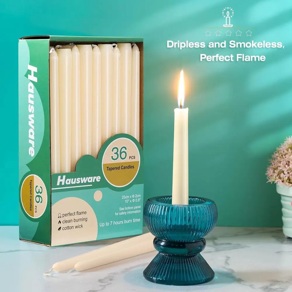 10 Inch Unscented Taper Candles, 8-Hour Burn, Premium Quality for Dinner, Home, Weddings, Parties (Ivory)