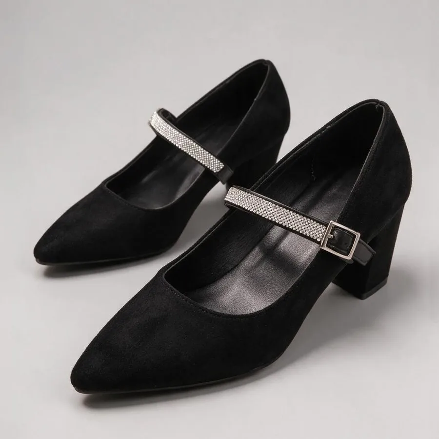Rhinestone Block Heel Single Shoes Fashion Pointed Toe Non-Slip Heels