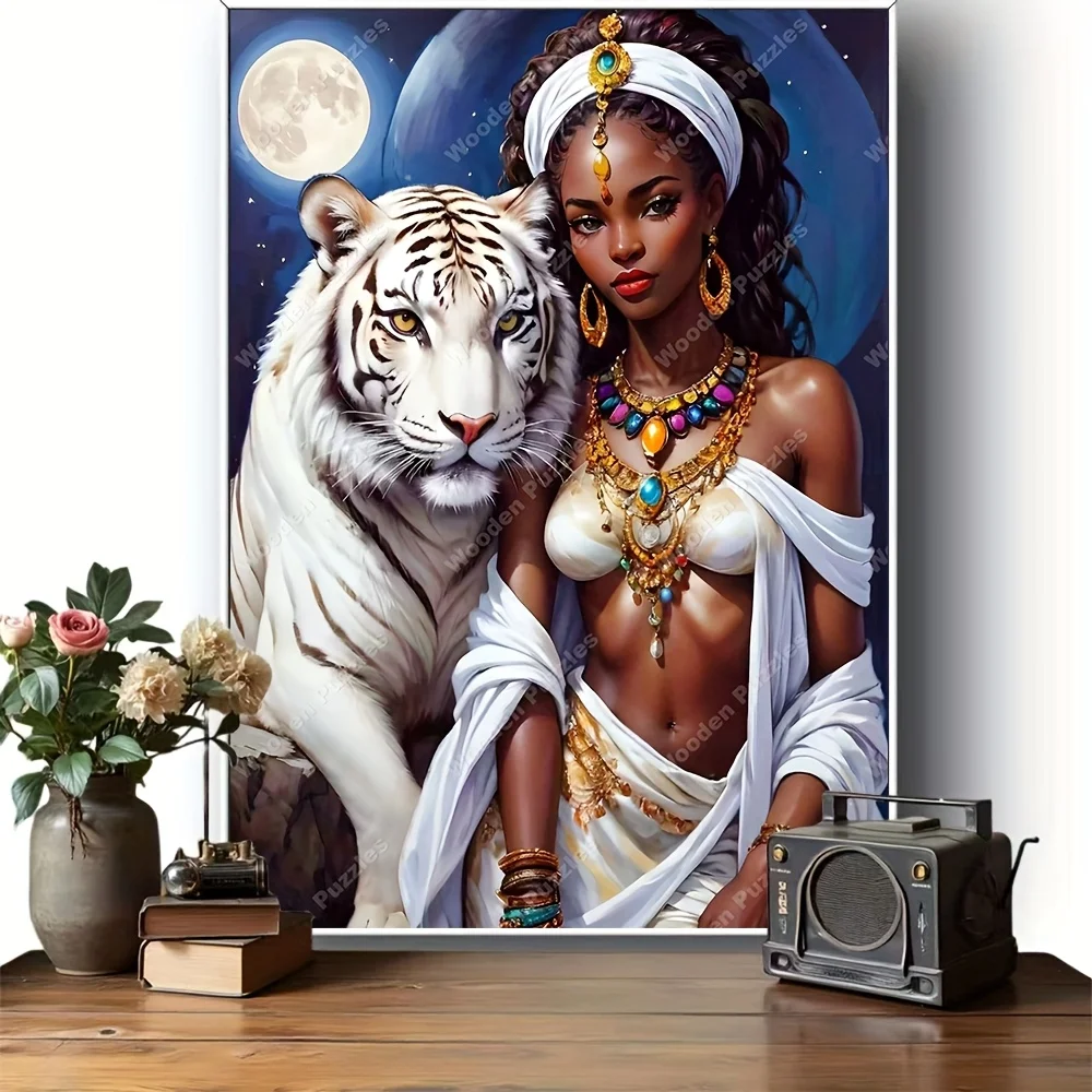 Fantasy Woman with White Tiger Under Moon Scene Jigsaw Puzzle Adult Fantasy Theme Intellectual Game Home Leisure Decorative Puzz